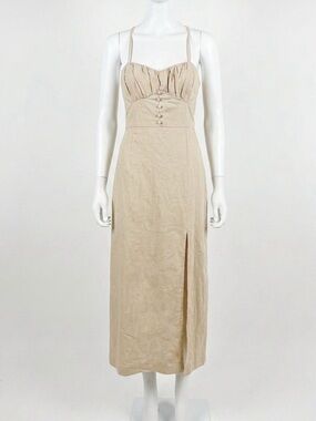 Zara Linen Blend Bustier Midi Dress with Slit Size Small Cross Back Beige Neutra